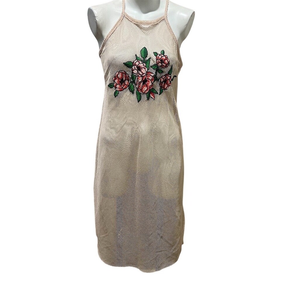 ZARA Trafaluc Midi Dress Womens M Beige Fishnet Mesh Halter Rose Floral